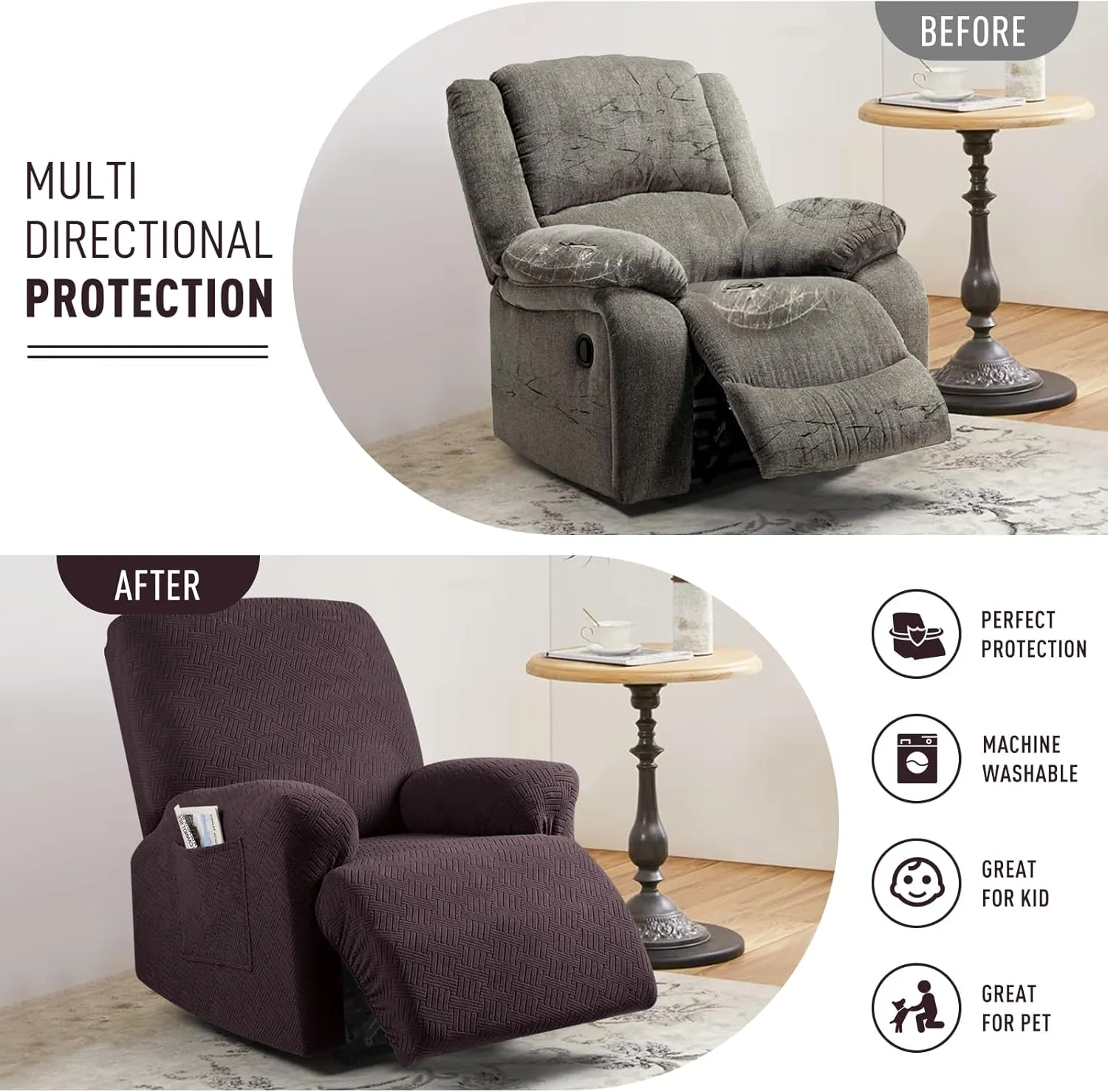 KinCam Recliner Covers, Stretch Reclining Chair Covers, Recliner Sofa Slipcovers Stripe Jacquard Recliner Couch Covers Furniture Protector Covers for Pet Kid (1 Seater, Dark Coffee)