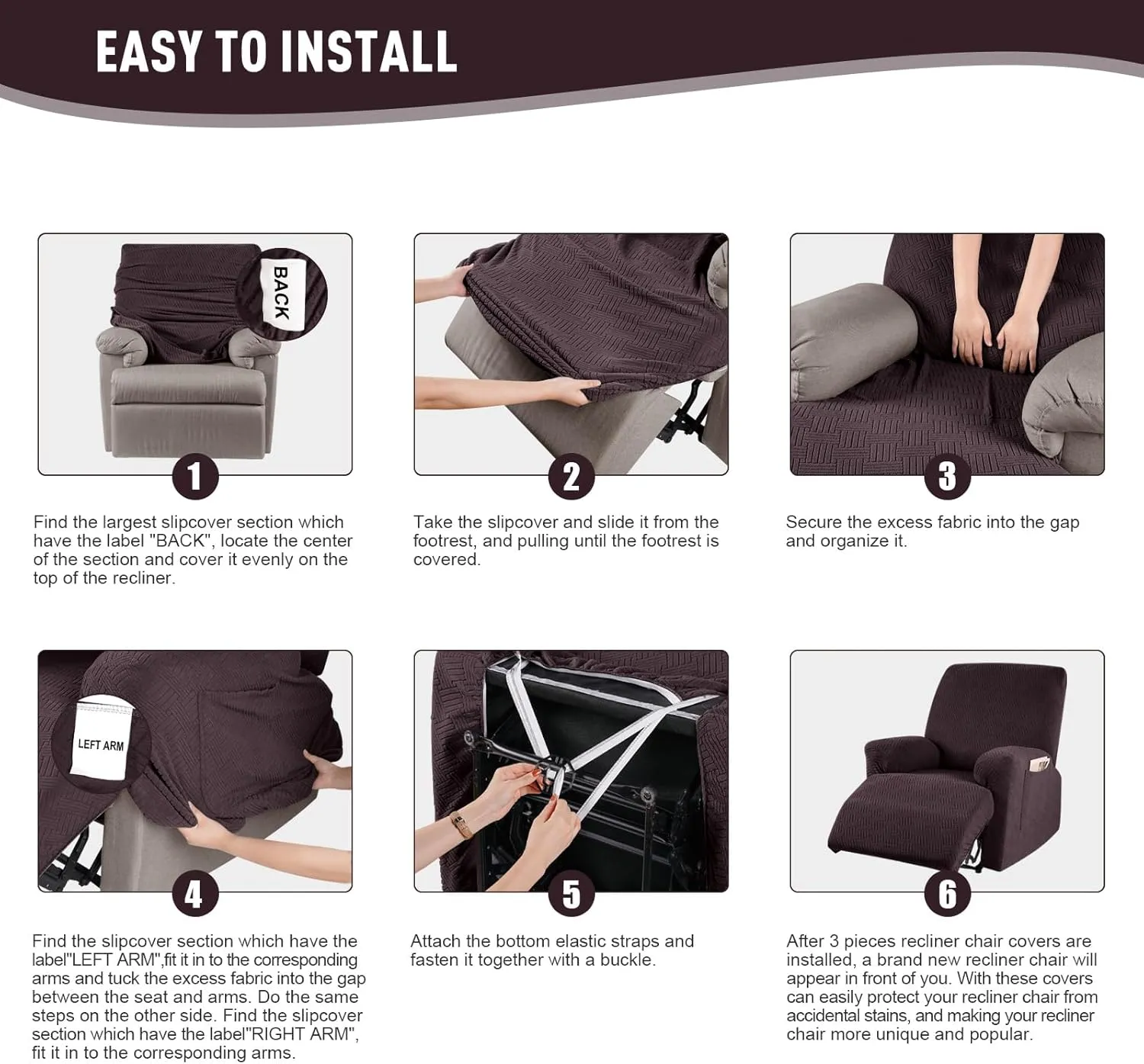 KinCam Recliner Covers, Stretch Reclining Chair Covers, Recliner Sofa Slipcovers Stripe Jacquard Recliner Couch Covers Furniture Protector Covers for Pet Kid (1 Seater, Dark Coffee)