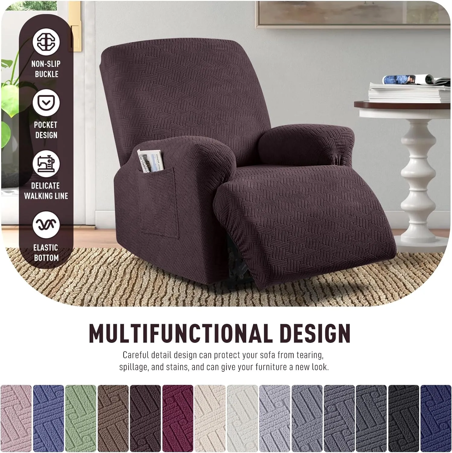 KinCam Recliner Covers, Stretch Reclining Chair Covers, Recliner Sofa Slipcovers Stripe Jacquard Recliner Couch Covers Furniture Protector Covers for Pet Kid (1 Seater, Dark Coffee)