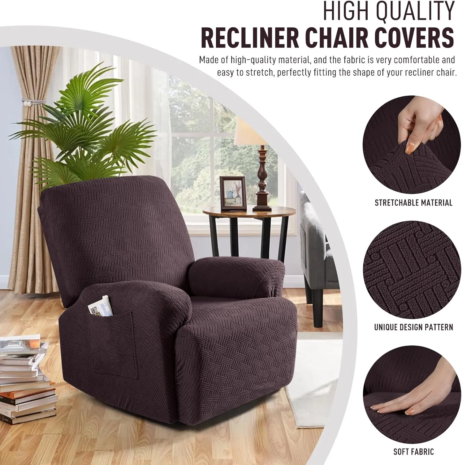 KinCam Recliner Covers, Stretch Reclining Chair Covers, Recliner Sofa Slipcovers Stripe Jacquard Recliner Couch Covers Furniture Protector Covers for Pet Kid (1 Seater, Dark Coffee)