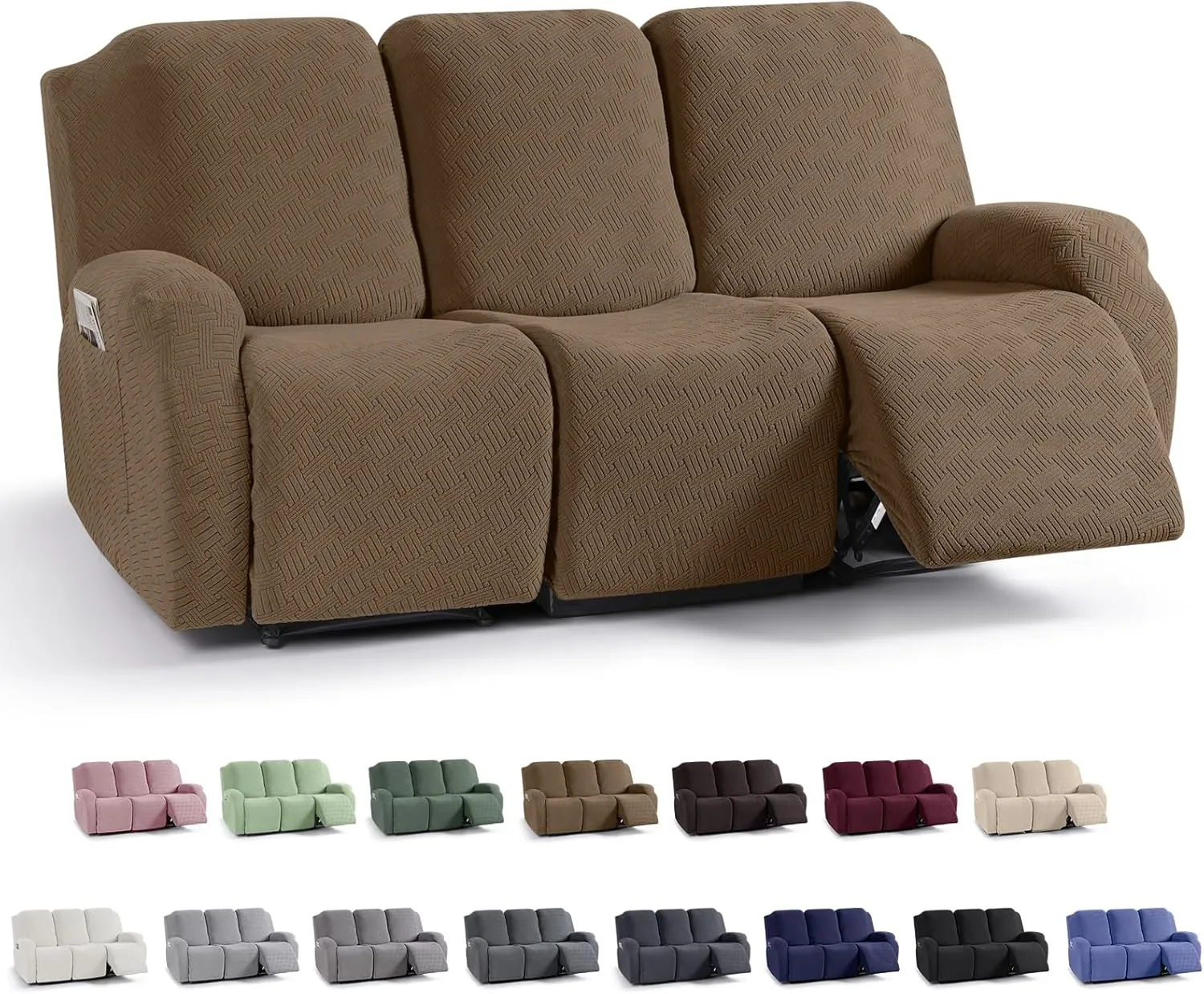 KinCam Recliner Covers, Stretch Reclining Chair Covers, Recliner Sofa Slipcovers Stripe Jacquard Recliner Couch Covers Furniture Protector Covers for Pet Kid (3 Seater, Light Coffee)