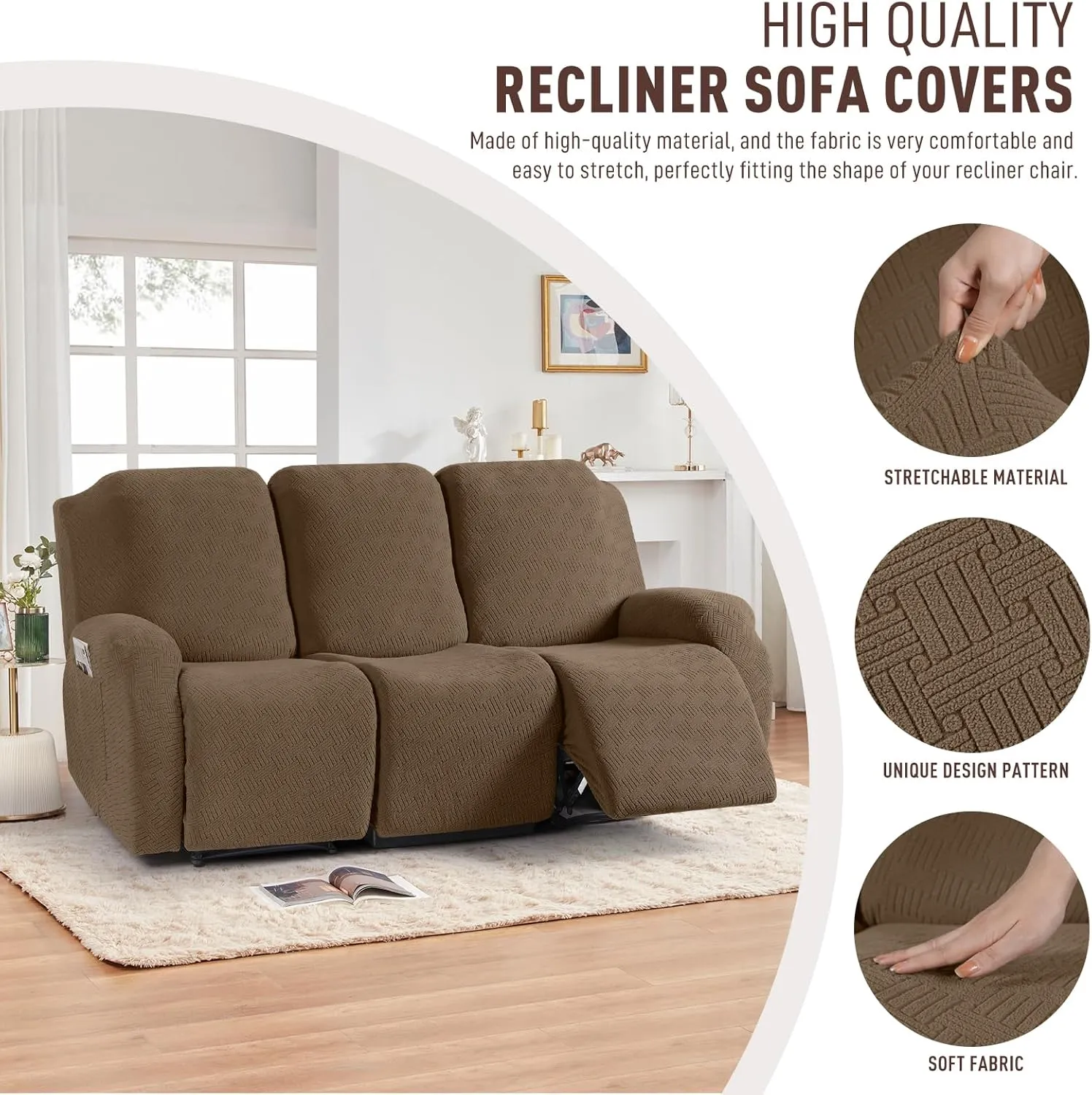 KinCam Recliner Covers, Stretch Reclining Chair Covers, Recliner Sofa Slipcovers Stripe Jacquard Recliner Couch Covers Furniture Protector Covers for Pet Kid (3 Seater, Light Coffee)