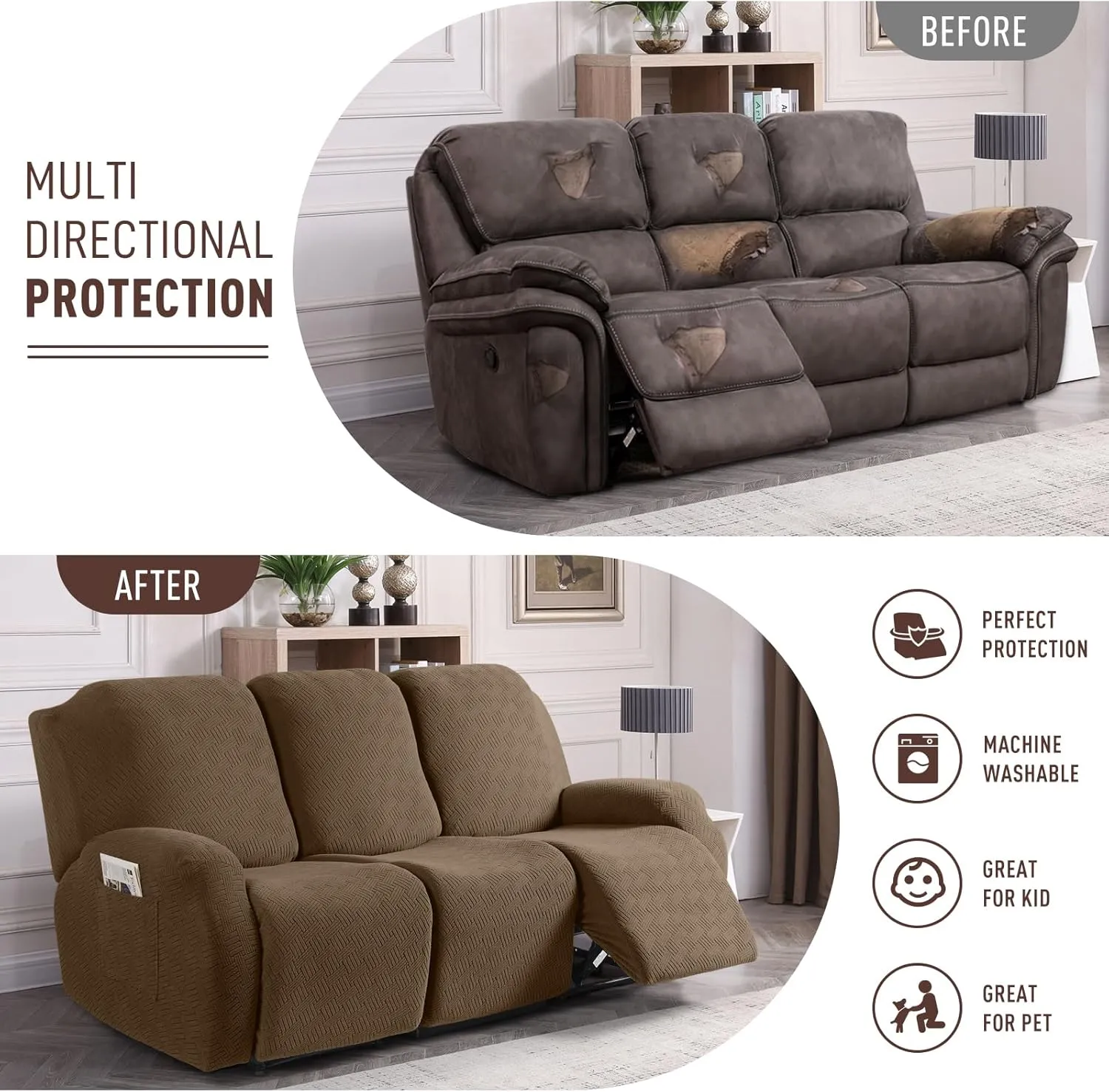 KinCam Recliner Covers, Stretch Reclining Chair Covers, Recliner Sofa Slipcovers Stripe Jacquard Recliner Couch Covers Furniture Protector Covers for Pet Kid (3 Seater, Light Coffee)