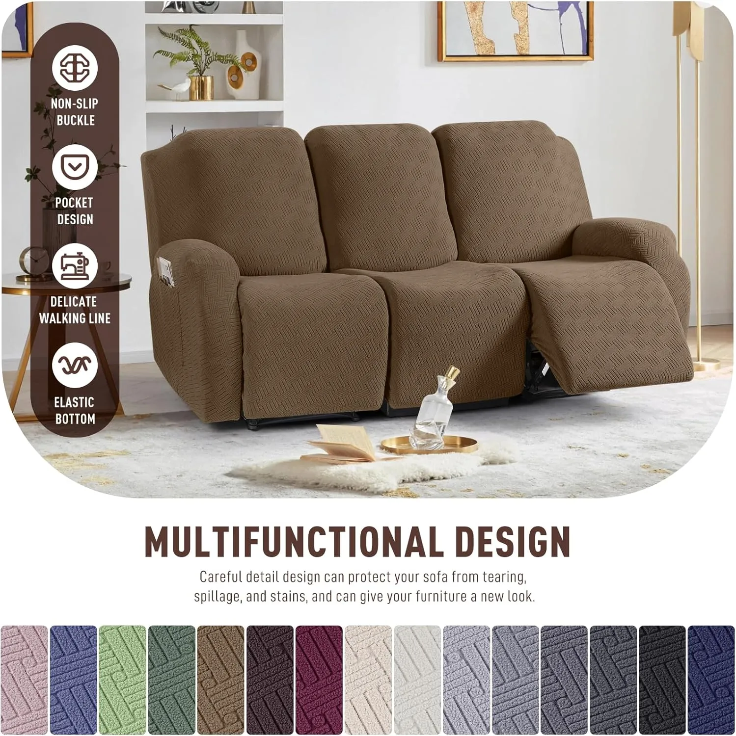 KinCam Recliner Covers, Stretch Reclining Chair Covers, Recliner Sofa Slipcovers Stripe Jacquard Recliner Couch Covers Furniture Protector Covers for Pet Kid (3 Seater, Light Coffee)