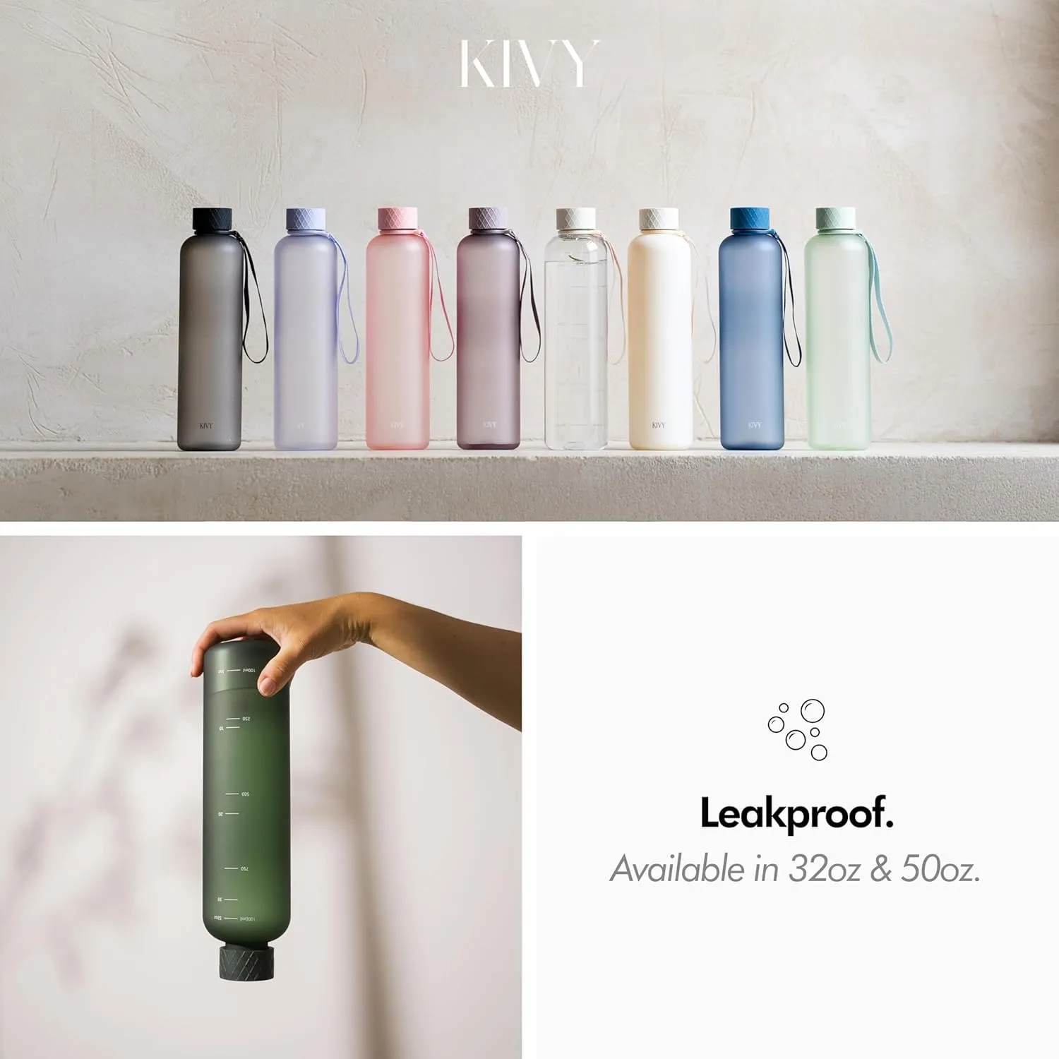 KIVY Slim Water Bottle 32oz [Lightweight & Shatterproof] Fits Backpack & Cupholder for Travel, Sports, School, Gym - Clear water bottle with measurements - Transparent Tritan Black - Dishwasher Safe