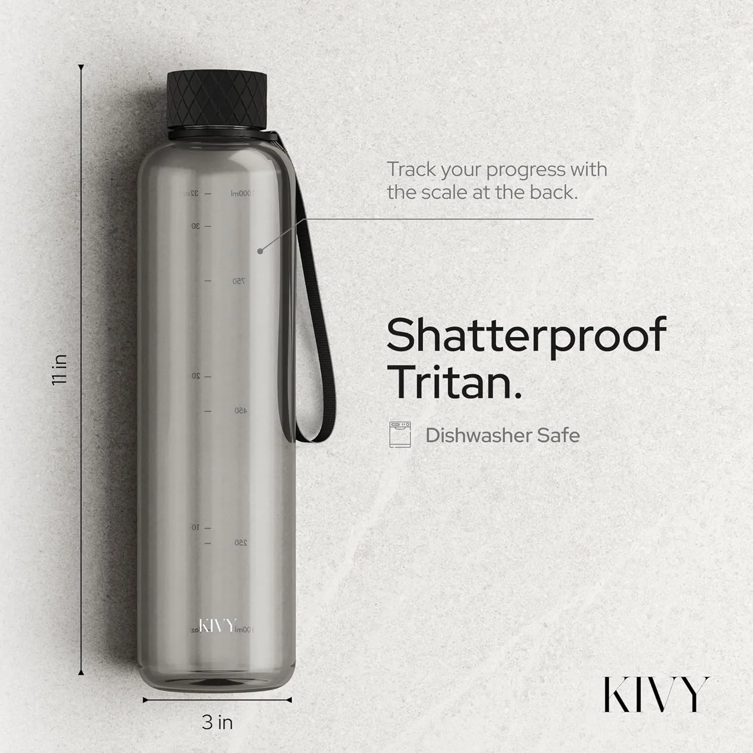 KIVY Slim Water Bottle 32oz [Lightweight & Shatterproof] Fits Backpack & Cupholder for Travel, Sports, School, Gym - Clear water bottle with measurements - Transparent Tritan Black - Dishwasher Safe