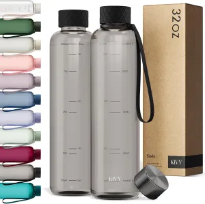 KIVY Slim Water Bottle 32oz [Lightweight & Shatterproof] Fits Backpack & Cupholder for Travel, Sports, School, Gym - Clear water bottle with measurements - Transparent Tritan Black - Dishwasher Safe