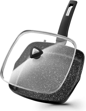 KOCH SYSTEME CS 9.5 Inch Nonstick Grill Pan for Stove Tops, Marble Coating Square Grill Skillet with Lid, Fry Pan Compatible with all Stoves, Ultimate Nonstick Skillet with Bakelite Handle, Toxic-Free