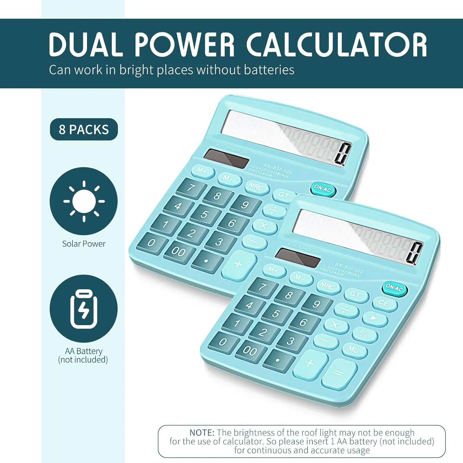 Konohan 8 Pieces 12-Digit Calculator, Solar Basic Desktop Calculator Large Display Electronic Dual Power Handheld for Home Office School(Blue)