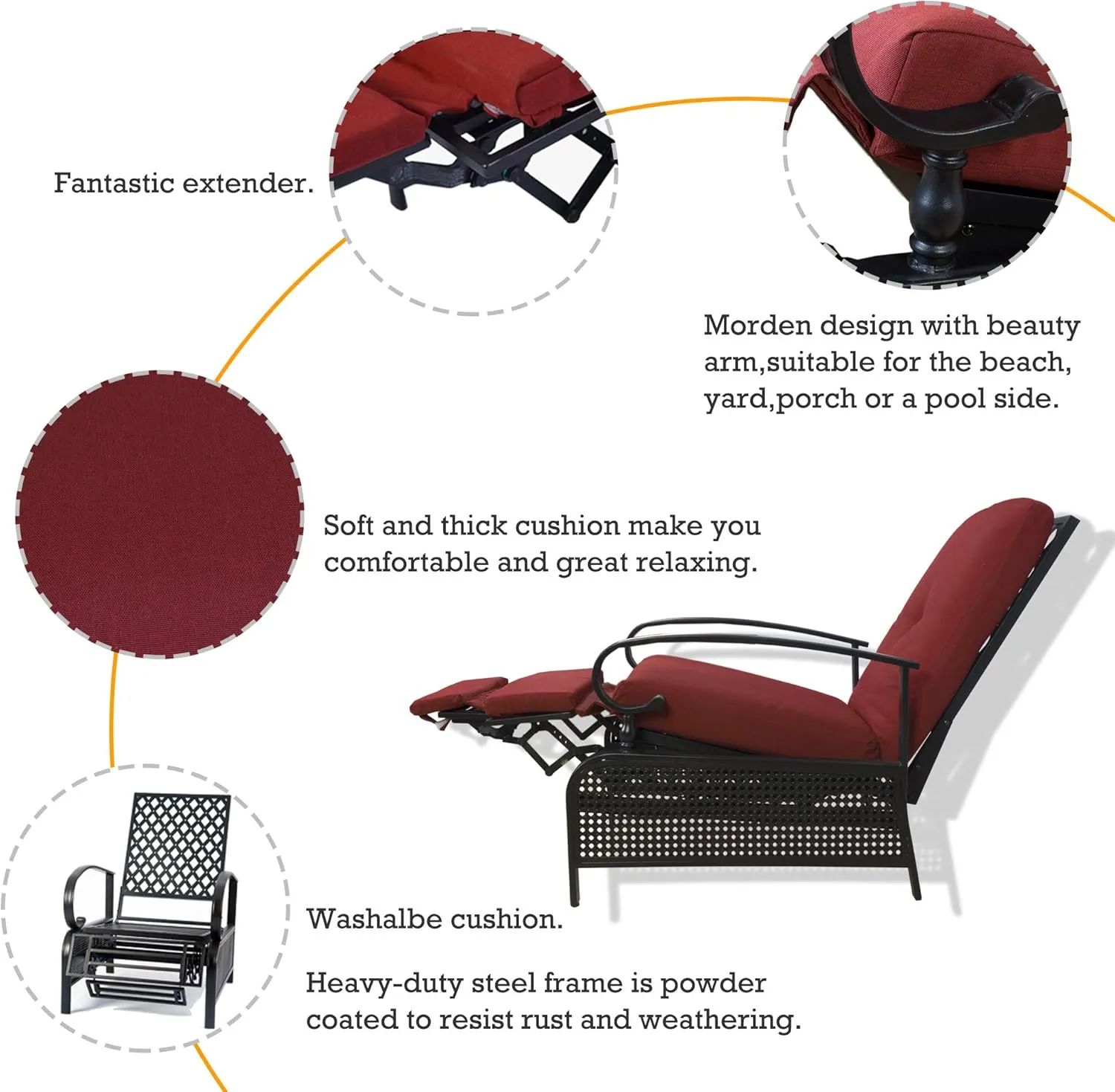 Kozyard Adjustable Outdoor Patio Reclining Lounge Chair - Comfortable Cushioned Recliner Chair with Strong Extendable Metal Frame for Sunbathing, Reading, Relaxation(Burgundy)