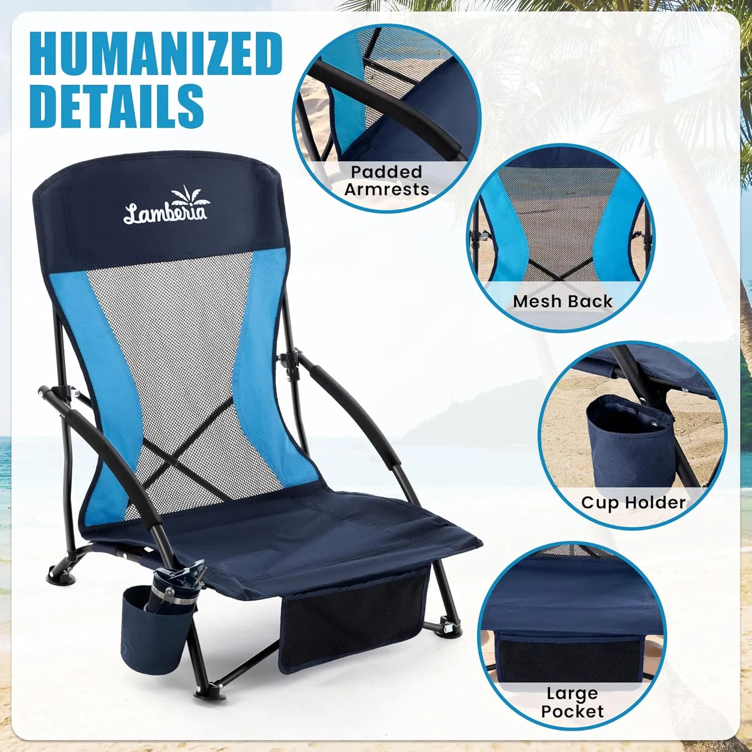 Lamberia Folding Beach Chair for Adults 2 Pack, Portable Low Beach Chairs with 300lbs Capacity, Lightweight Fodable Camping Chair for Travel, Picnic, Concert & Outdoor Activities, Navy Blue