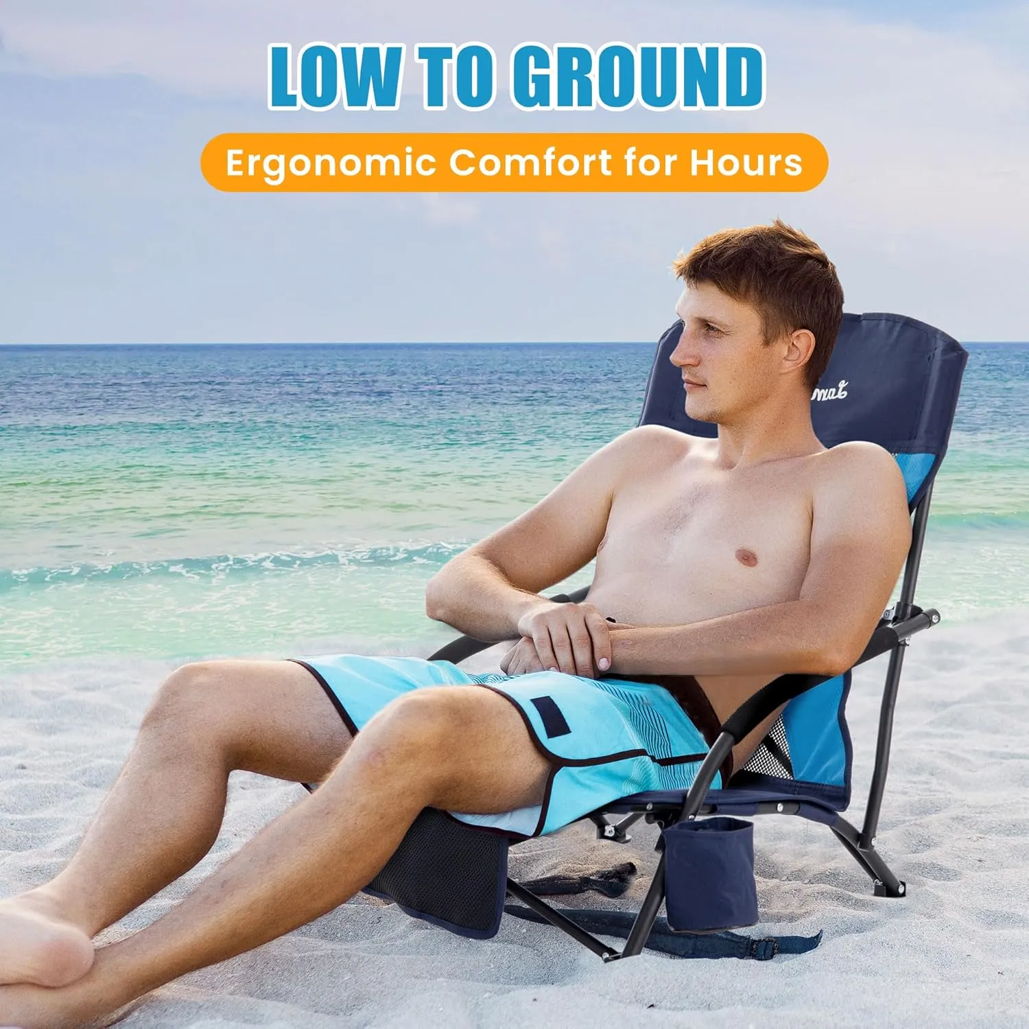 Lamberia Folding Beach Chair for Adults 2 Pack, Portable Low Beach Chairs with 300lbs Capacity, Lightweight Fodable Camping Chair for Travel, Picnic, Concert & Outdoor Activities, Navy Blue