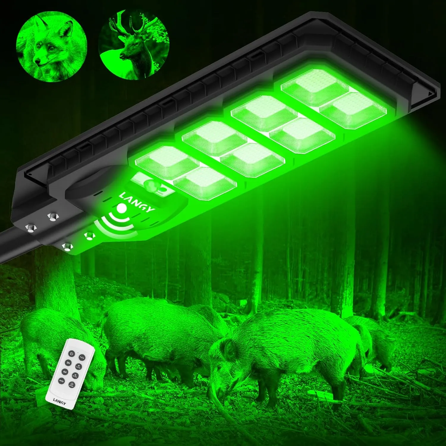 LANGY Green Solar Hog Lights 2Pack - 20000LM, Motion Activated Feeder for Night Hunting, Coyote, Varmint, Deer