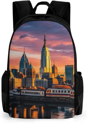 Laptop Backpack for Men Women Sunset Bridge Skyscraper Backpack Casual Bag Travel Backpack Simple Bag for Hiking