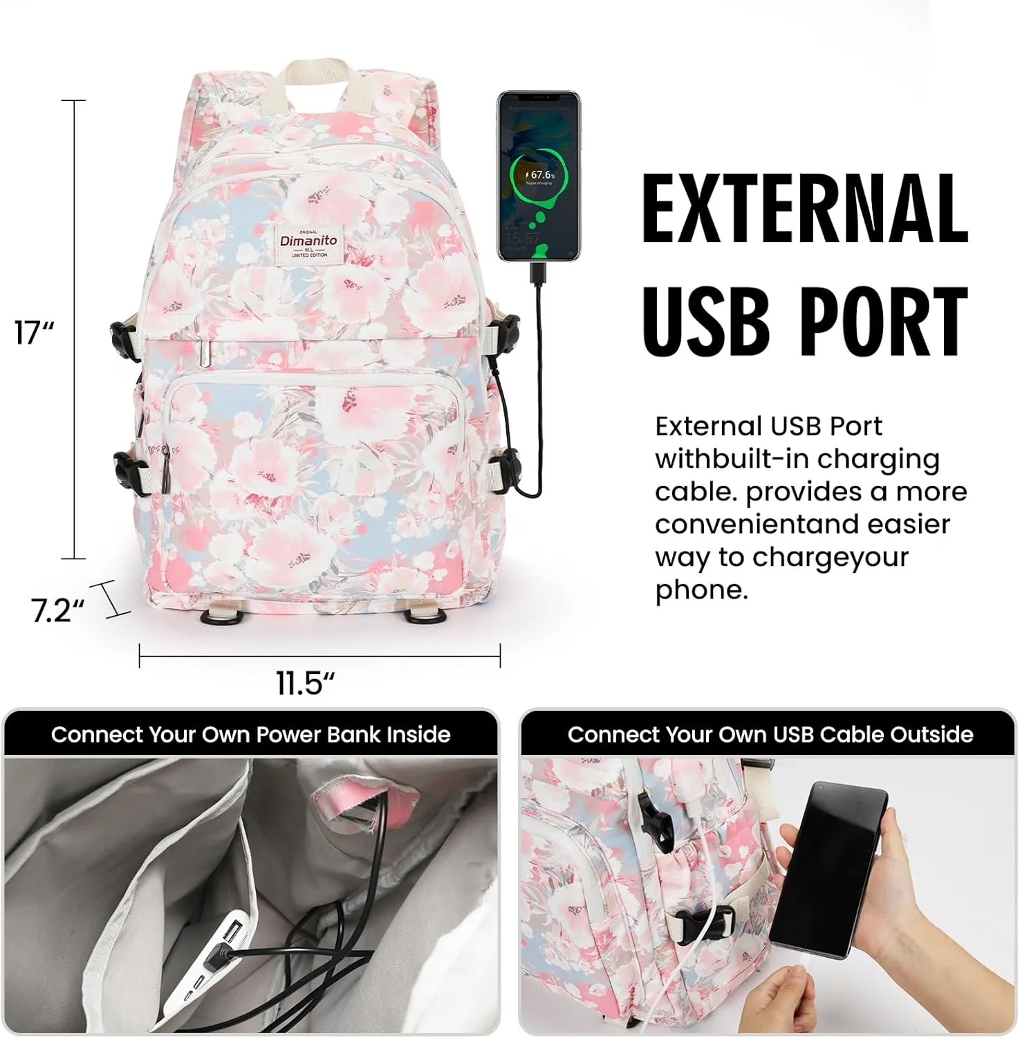 Laptop Backpack with USB charging port for laptop up to 15 inch Men Women College Outdoor Travel Backpack (Rose)