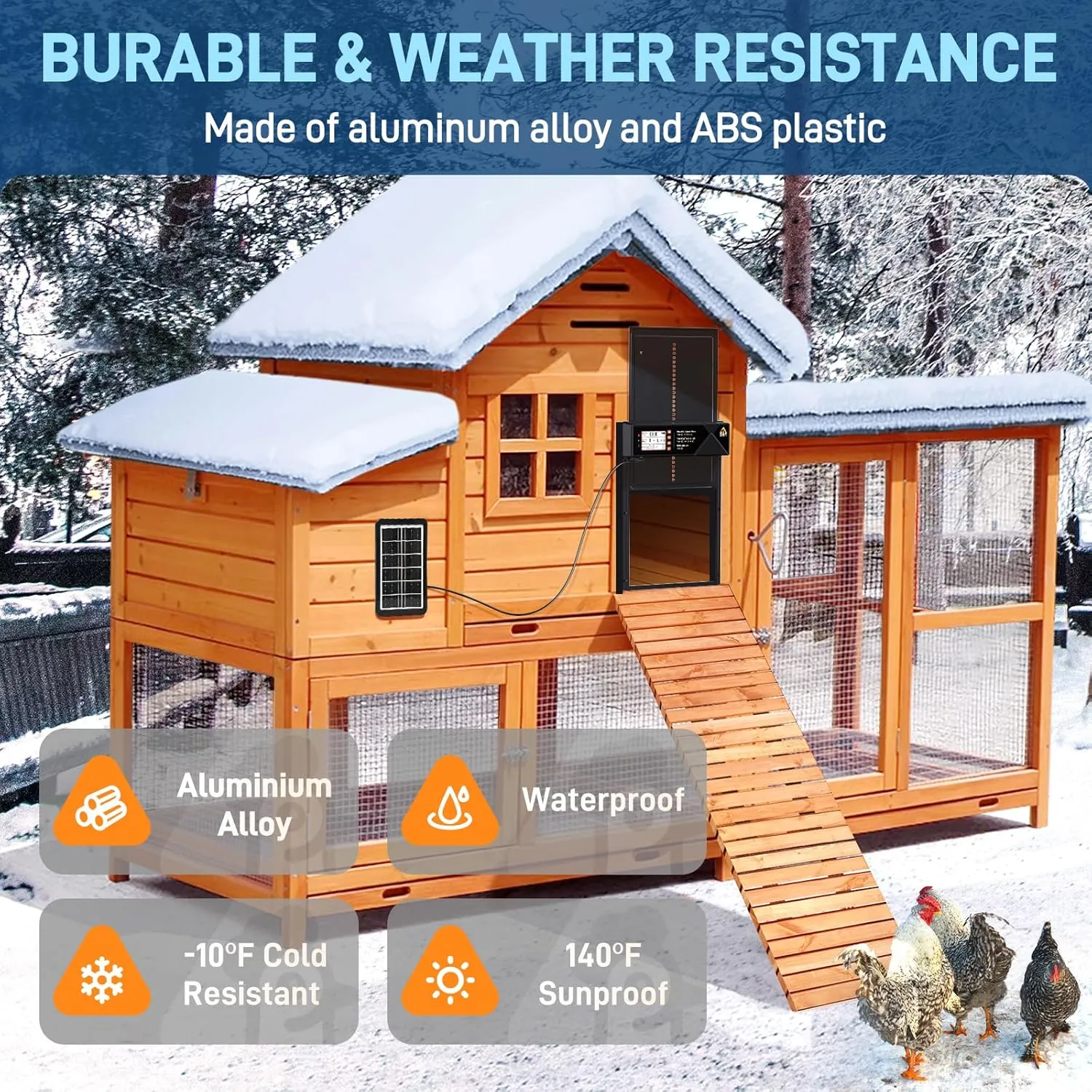 Large Automatic Chicken Coop Door Solar Powered, Aluminum Alloy Automatic Chicken Door with 4 Modes, Light Sensor, Timer, LCD Display & Anti-Pinch Tech