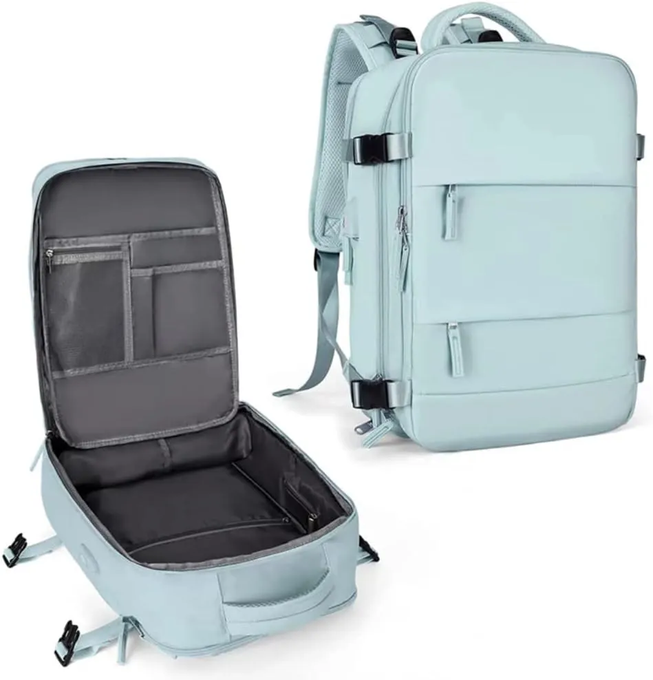 Large Capacity Backpack for Traveling on Airplane with Shoe Pouch Women Men Travel Hiking Outdoor Sport Backpack (Blue)