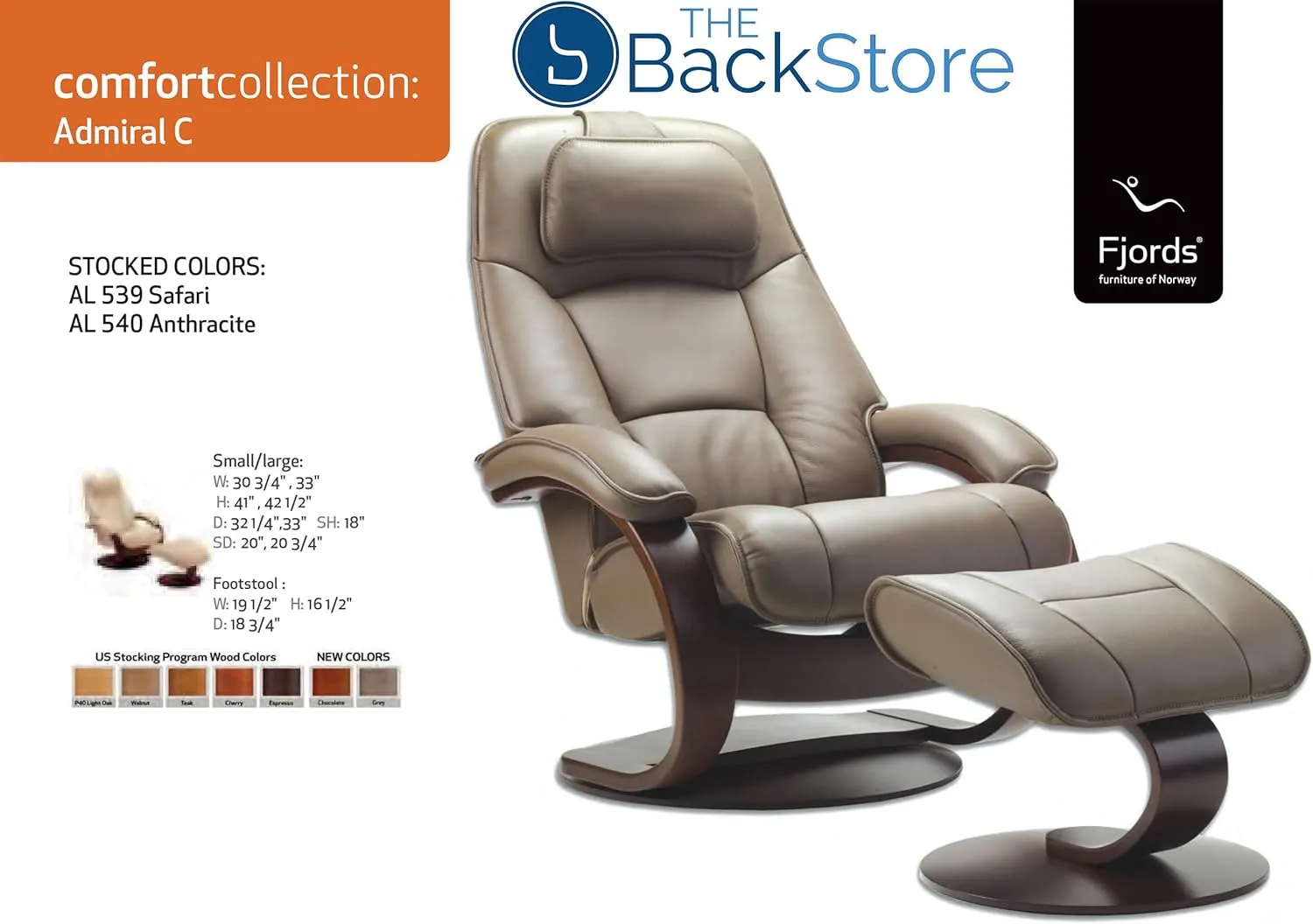 Large Ergonomic Recliner Chair with Ottoman in Cement Astro Line Premium Leather with a Espresso Wood Stain Base