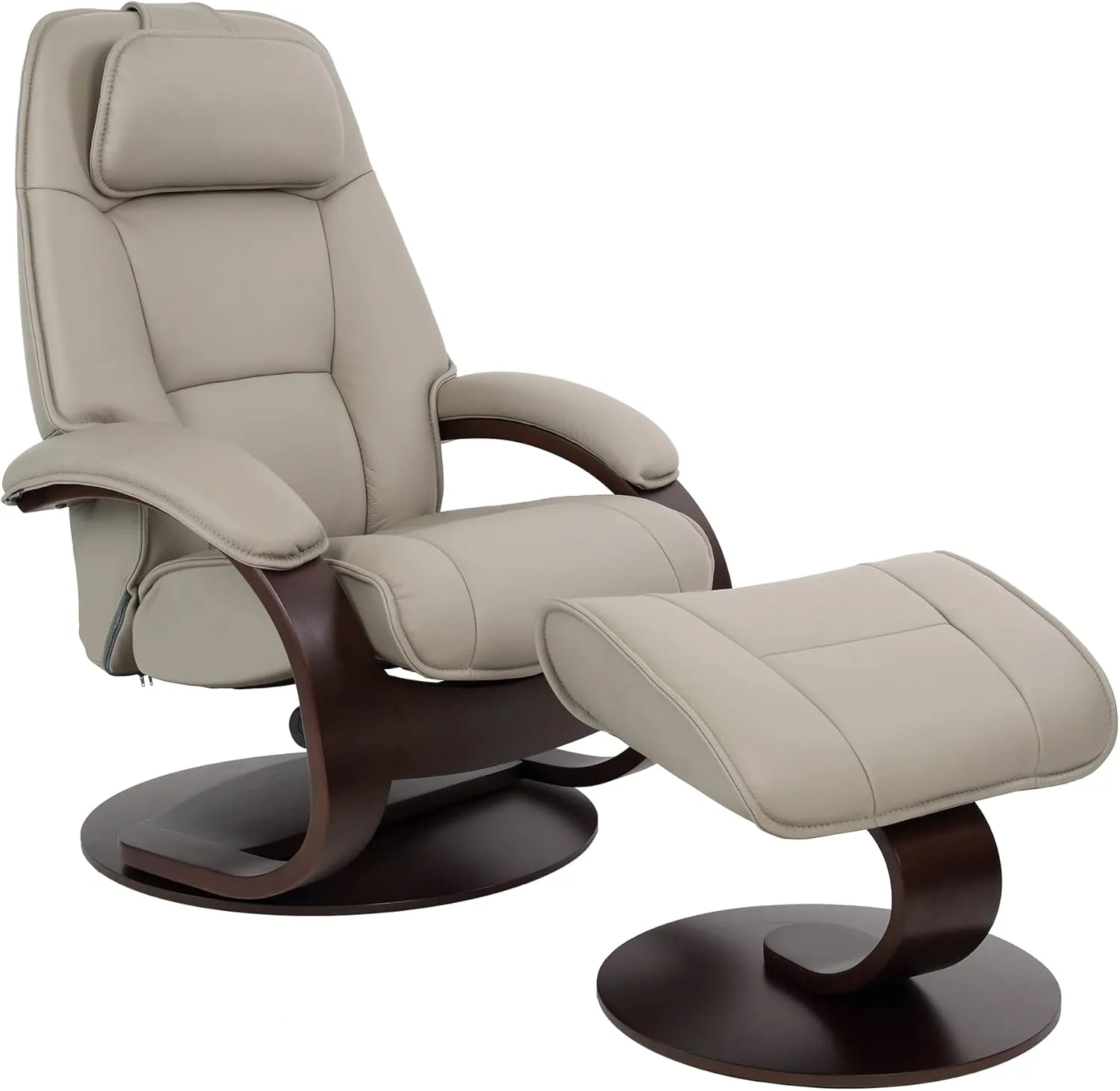 Large Ergonomic Recliner Chair with Ottoman in Cement Astro Line Premium Leather with a Espresso Wood Stain Base
