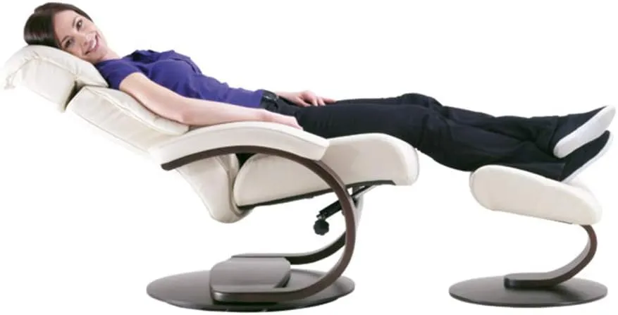 Large Ergonomic Recliner Chair with Ottoman in Cement Astro Line Premium Leather with a Espresso Wood Stain Base
