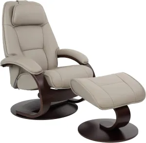 Large Ergonomic Recliner Chair with Ottoman in Cement Astro Line Premium Leather with a Espresso Wood Stain Base