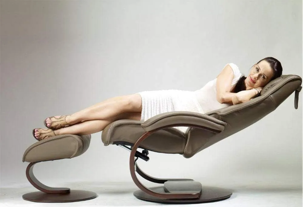 Large Ergonomic Recliner Chair with Ottoman in Cement Astro Line Premium Leather with a Espresso Wood Stain Base