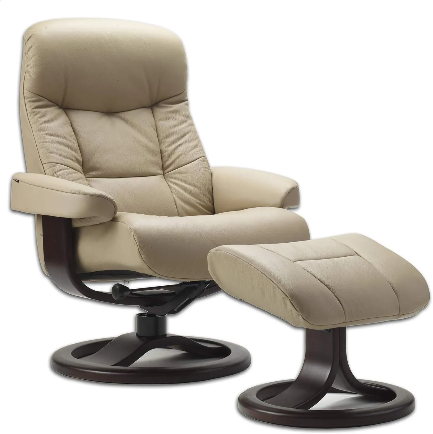 Large Leather Ergonomic Swivel Recliner Chair with Ottoman in Sandel NL 121 Nordic Line Leather with a Espresso Wood Stain Base
