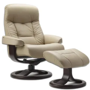 Large Leather Ergonomic Swivel Recliner Chair with Ottoman in Sandel NL 121 Nordic Line Leather with a Espresso Wood Stain Base