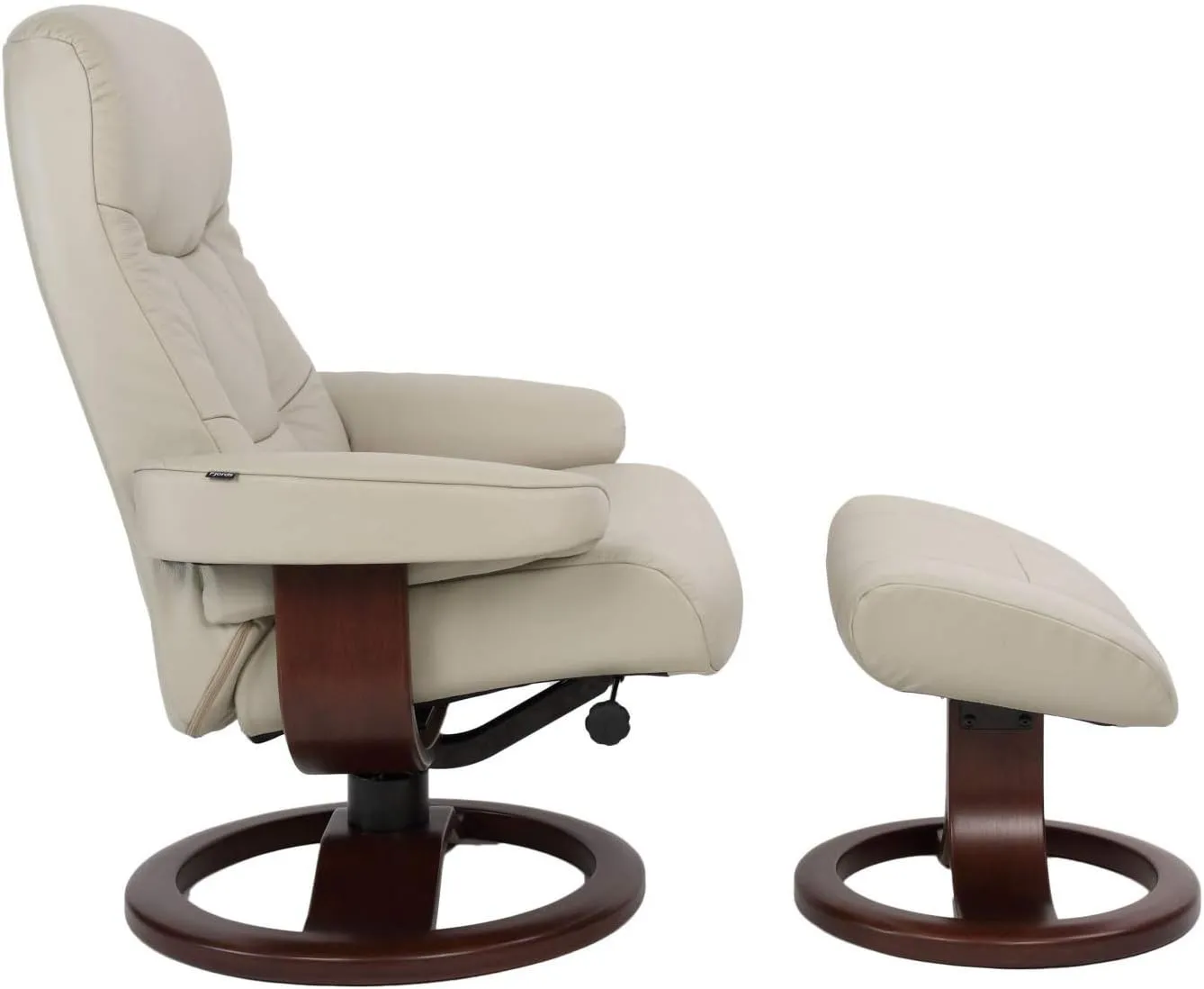 Large Leather Ergonomic Swivel Recliner Chair with Ottoman in Sandel NL 121 Nordic Line Leather with a Espresso Wood Stain Base