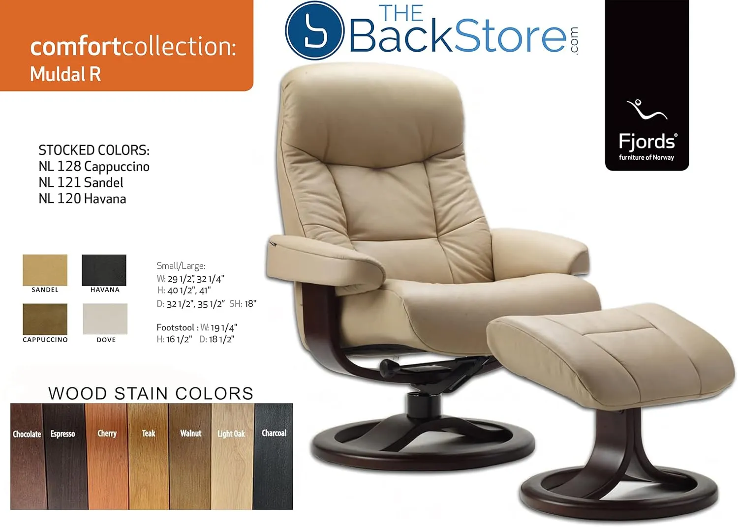 Large Leather Ergonomic Swivel Recliner Chair with Ottoman in Sandel NL 121 Nordic Line Leather with a Espresso Wood Stain Base