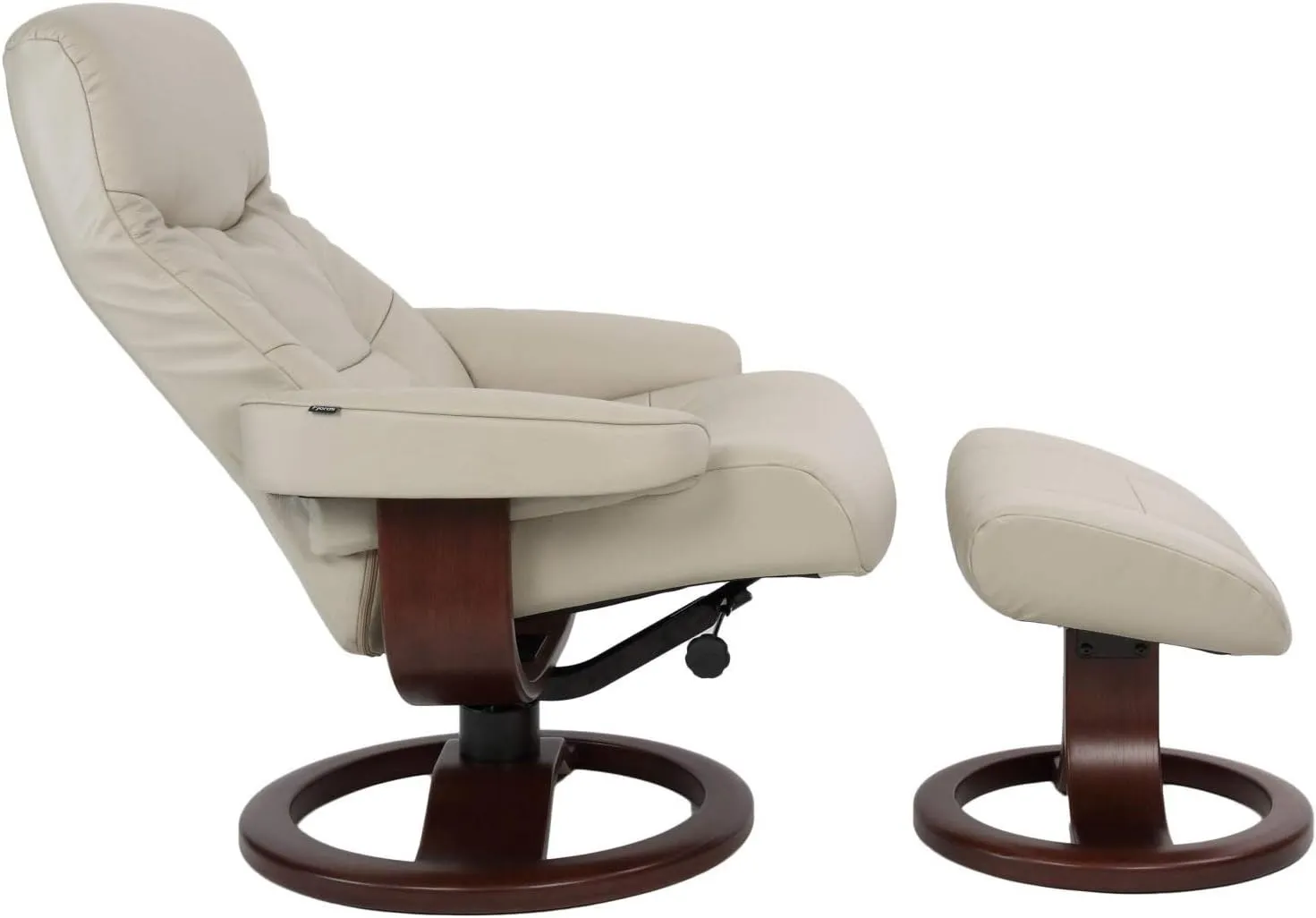 Large Leather Ergonomic Swivel Recliner Chair with Ottoman in Sandel NL 121 Nordic Line Leather with a Espresso Wood Stain Base