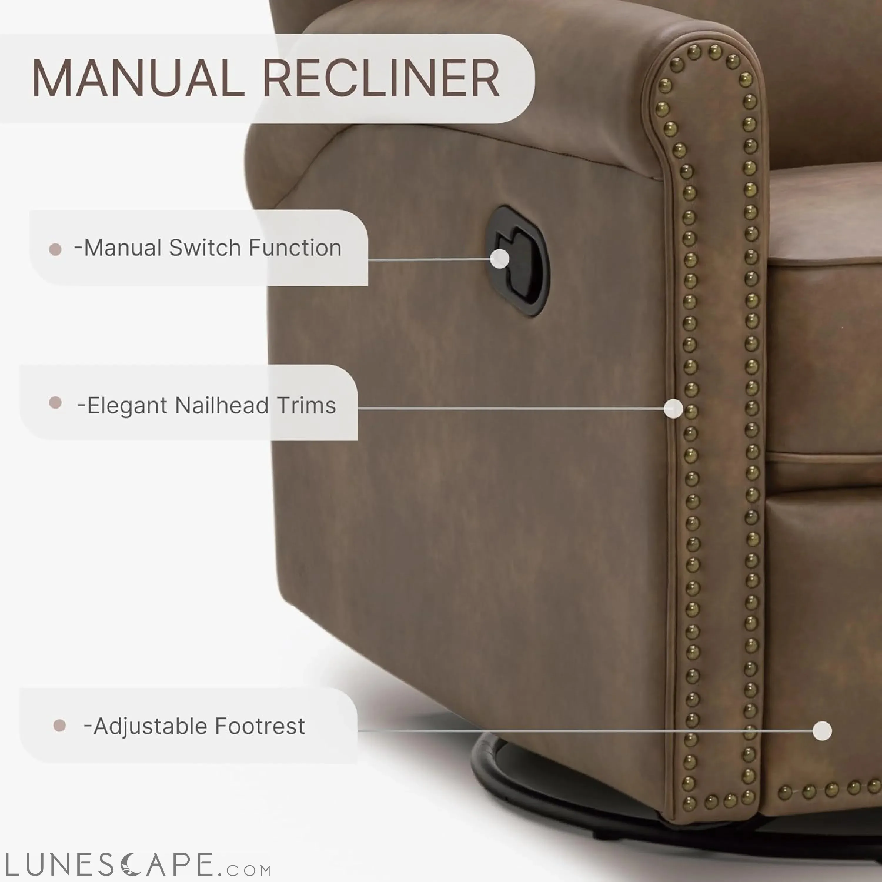 Large Leather Recliner Chair Faux Swivel Rocker for Adults Manual Sofa