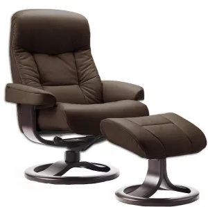 Large Leather Swivel Recliner Chair with Ottoman in Havana Dark Brown NL 120 Nordic Line Leather with a Chocolate Wood Stain Base