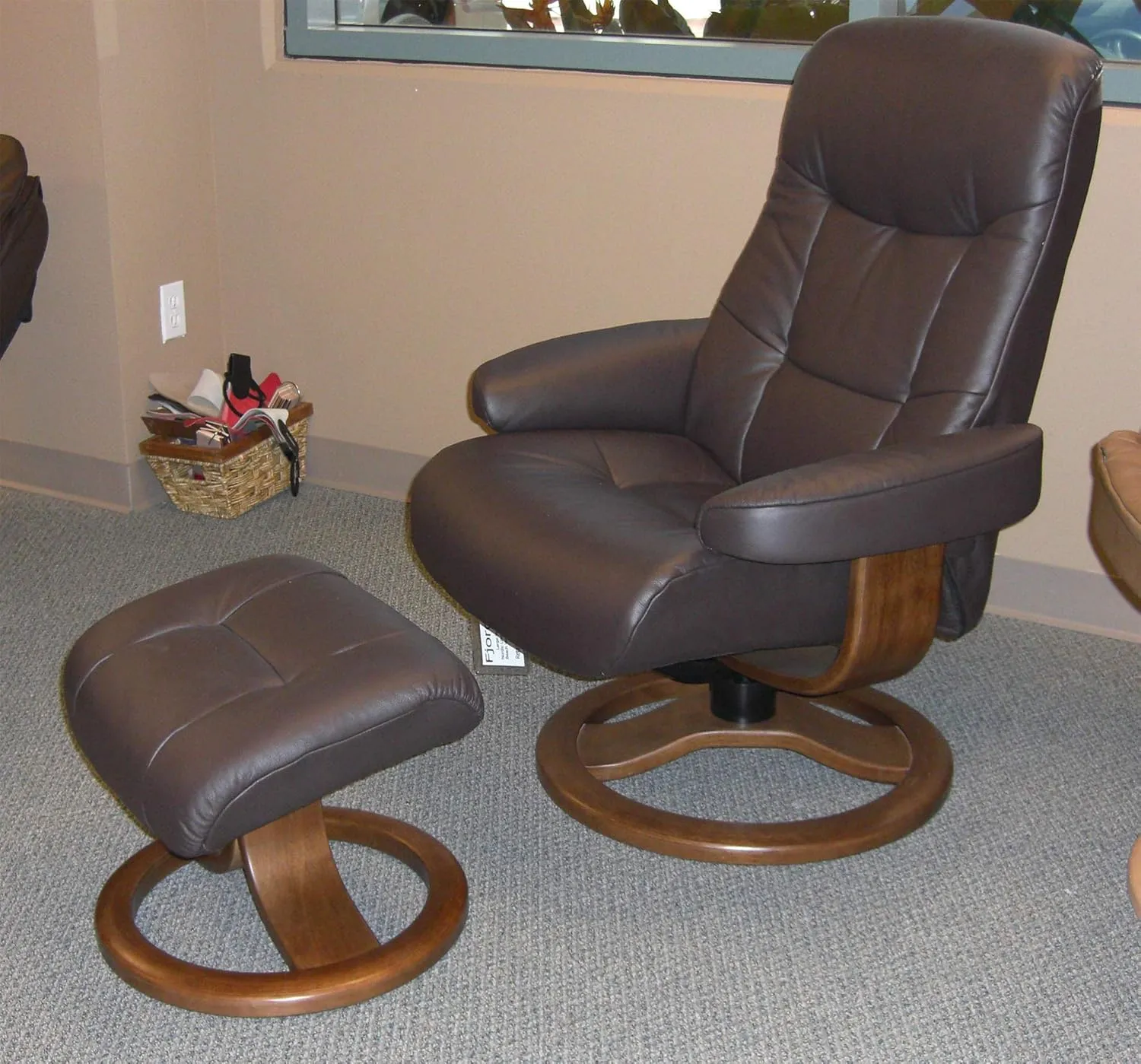 Large Leather Swivel Recliner Chair with Ottoman in Havana Dark Brown NL 120 Nordic Line Leather with a Chocolate Wood Stain Base