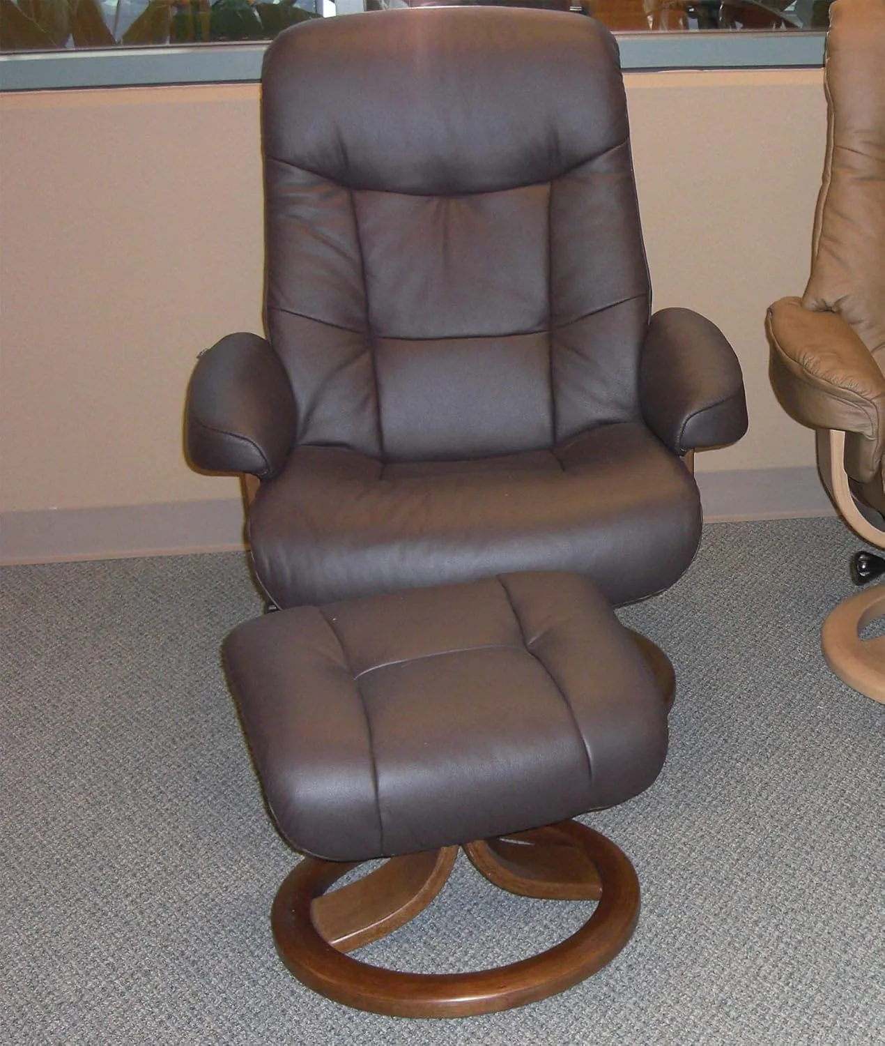 Large Leather Swivel Recliner Chair with Ottoman in Havana Dark Brown NL 120 Nordic Line Leather with a Chocolate Wood Stain Base