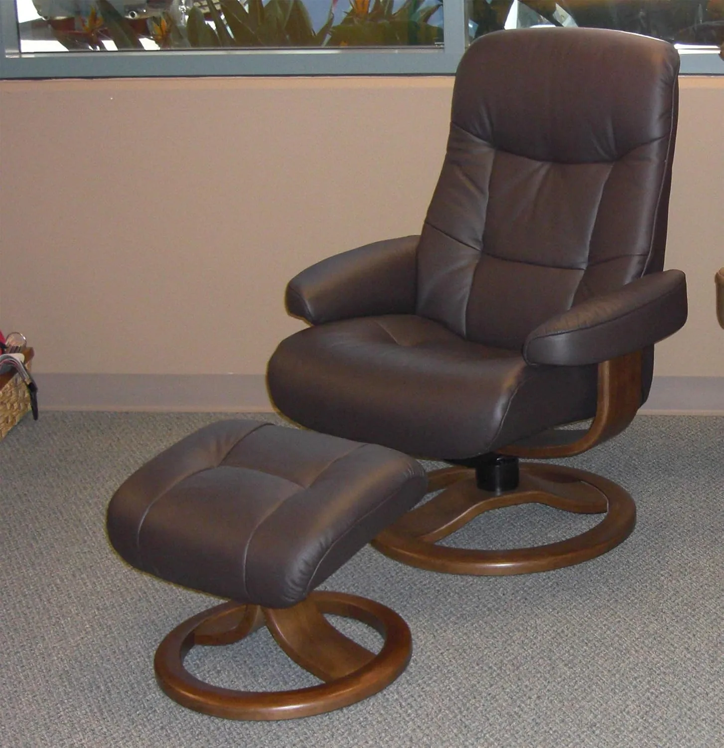 Large Leather Swivel Recliner Chair with Ottoman in Havana Dark Brown NL 120 Nordic Line Leather with a Chocolate Wood Stain Base