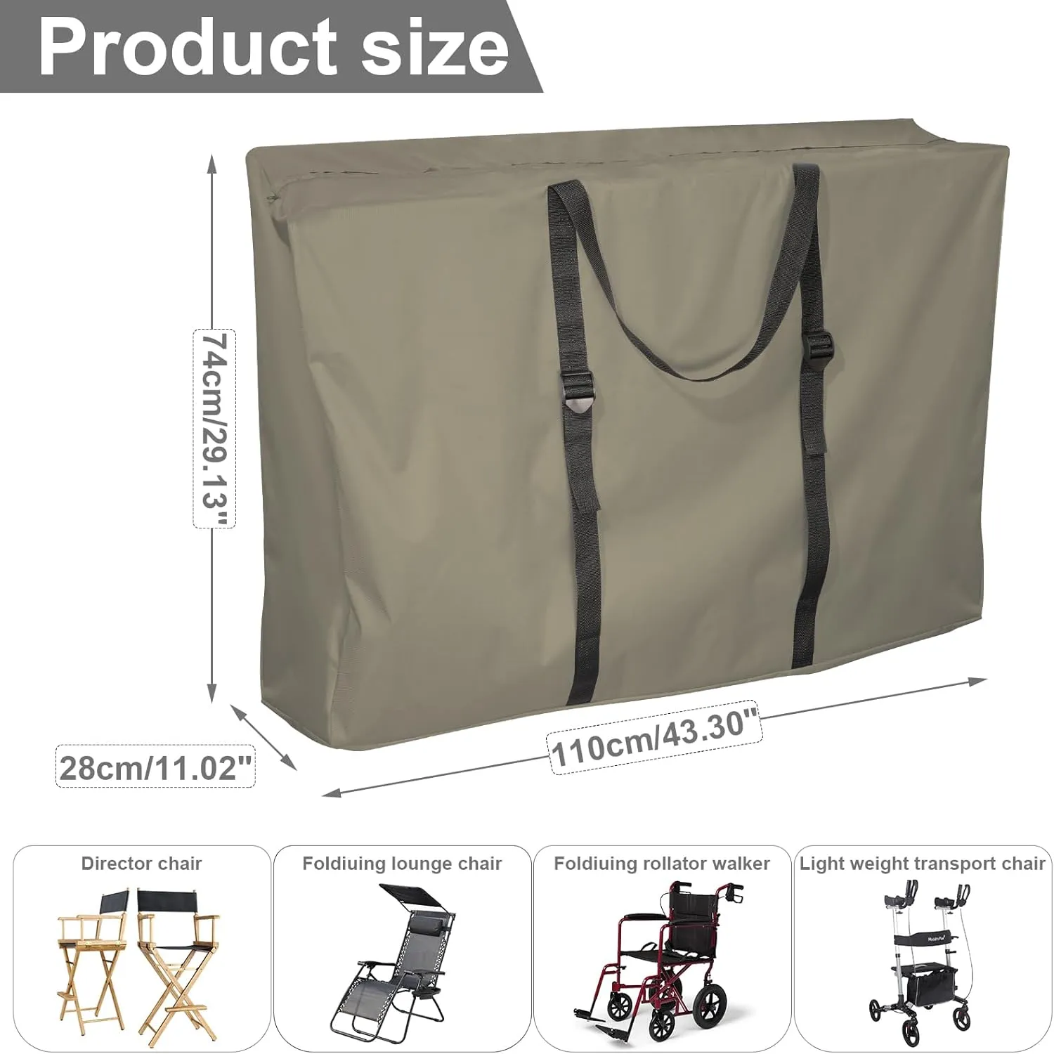 Large Outside Folding Chair Storage Bag with Zipper and Handles, 600D Folding Chair Carry Bag for Zero Gravity Chair Cover, Portable Folding Lounge Chair Carrying Bags, 43" L x 11" W x 29" H (Brown)