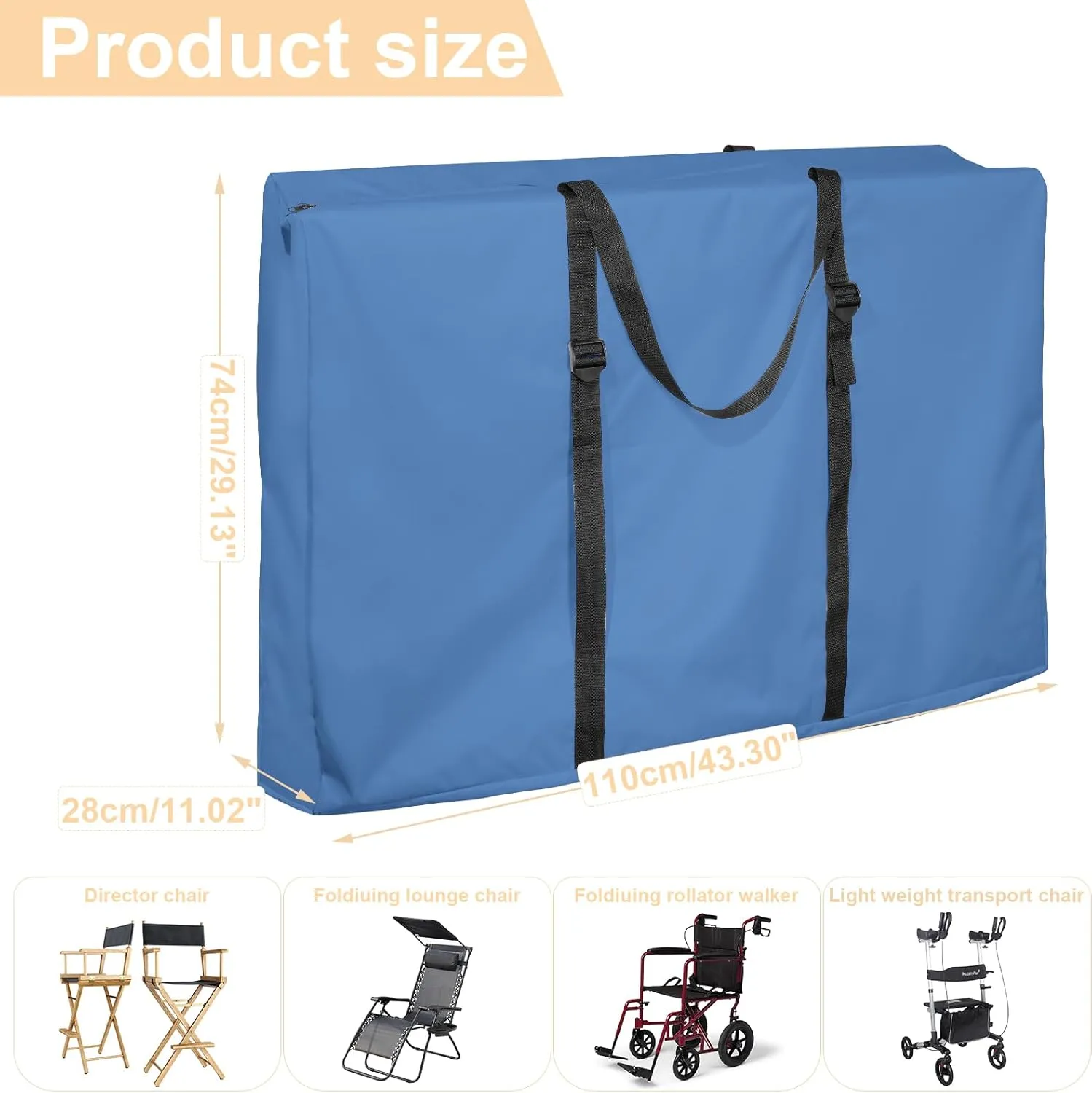 Large Outside Folding Chair Storage Bag with Zipper and Handles, 600D Folding Chair Carry Bag for Zero Gravity Chair, Portable Folding Lounge Chair Carrying Bags, 43" L x 11" W x 29" H (Blue - 1 Pack)