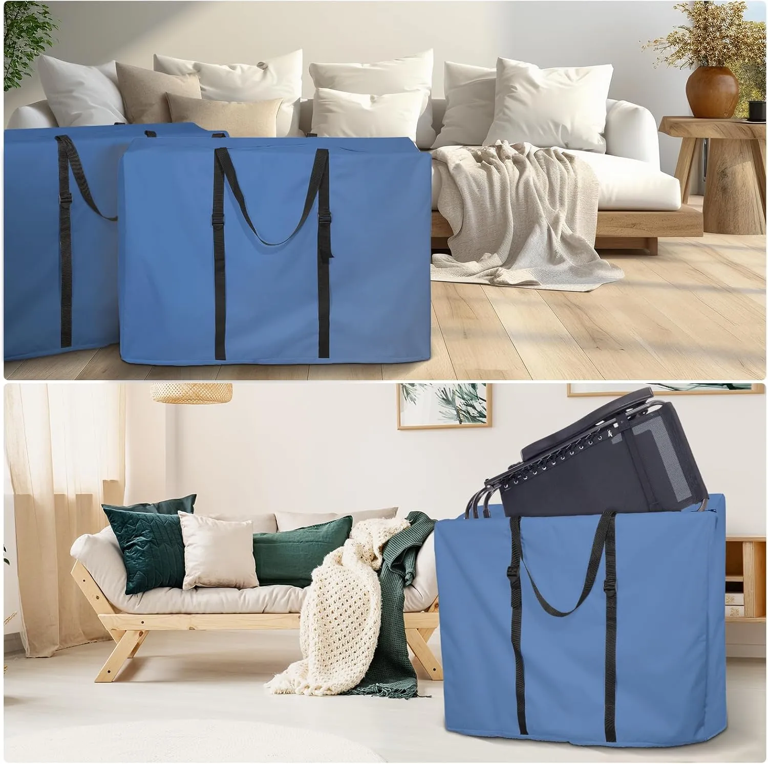 Large Outside Folding Chair Storage Bag with Zipper and Handles, 600D Folding Chair Carry Bag for Zero Gravity Chair, Portable Folding Lounge Chair Carrying Bags, 43" L x 11" W x 29" H (Blue - 1 Pack)