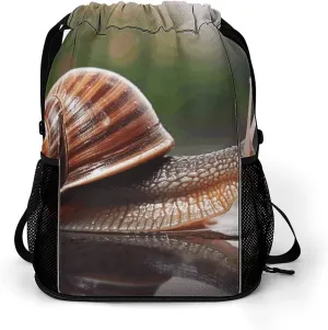 Large Sports Drawstring Backpack A Photo of A Snail Printed with Dry-Wet Separation | Digital Print Gym Sack | Waterproof Fabric | Shoe Compartment & PVC Pocket | Hydration Mesh for Fitness, Travel, W