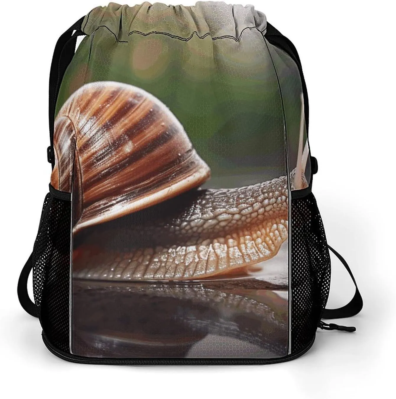 Large Sports Drawstring Backpack A Photo of A Snail Printed with Dry-Wet Separation | Digital Print Gym Sack | Waterproof Fabric | Shoe Compartment & PVC Pocket | Hydration Mesh for Fitness, Travel, W