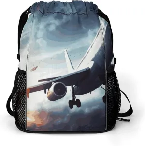 Large Sports Drawstring Backpack Airplane Printed with Dry-Wet Separation | Digital Print Gym Sack | Waterproof Fabric | Shoe Compartment & PVC Pocket | Hydration Mesh for Fitness, Travel, Work