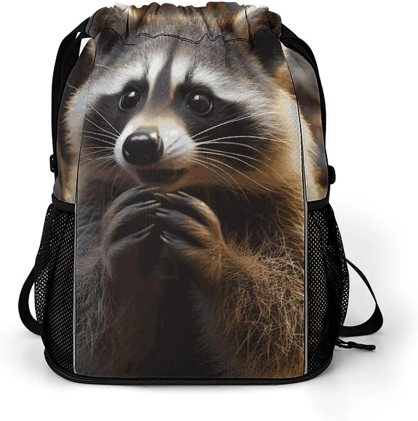 Large Sports Drawstring Backpack Cute Raccoon Printed with Dry-Wet Separation | Digital Print Gym Sack | Waterproof Fabric | Shoe Compartment & PVC Pocket | Hydration Mesh for Fitness, Travel, Work