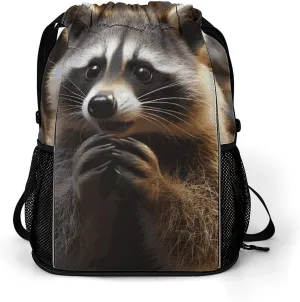 Large Sports Drawstring Backpack Cute Raccoon Printed with Dry-Wet Separation | Digital Print Gym Sack | Waterproof Fabric | Shoe Compartment & PVC Pocket | Hydration Mesh for Fitness, Travel, Work