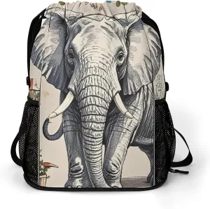 Large Sports Drawstring Backpack Hand Drawn Elephant Printed with Dry-Wet Separation | Digital Print Gym Sack | Waterproof Fabric | Shoe Compartment & PVC Pocket | Hydration Mesh for Fitness, Travel,