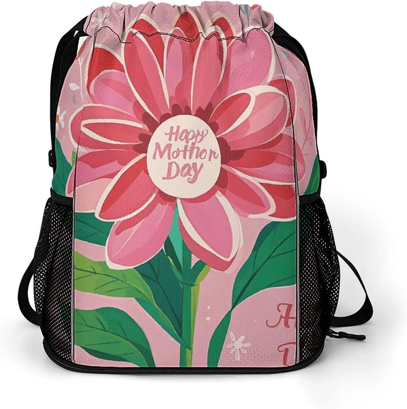 Large Sports Drawstring Backpack Happy Mother Day Printed with Dry-Wet Separation | Digital Print Gym Sack | Waterproof Fabric | Shoe Compartment & PVC Pocket | Hydration Mesh for Fitness, Travel, Wor