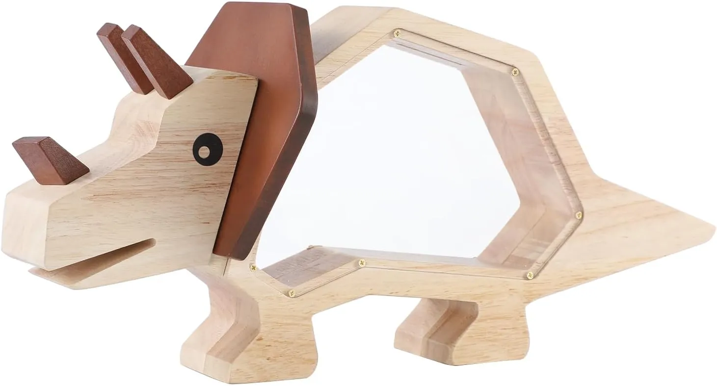 Large Wooden Triceratops Piggy Bank for Boys & Girls, Cute Toy for Kids & Toddlers, Indestruct Saving Money Box Present with Clear Plastic for Adults Birthday Gifts & Easter