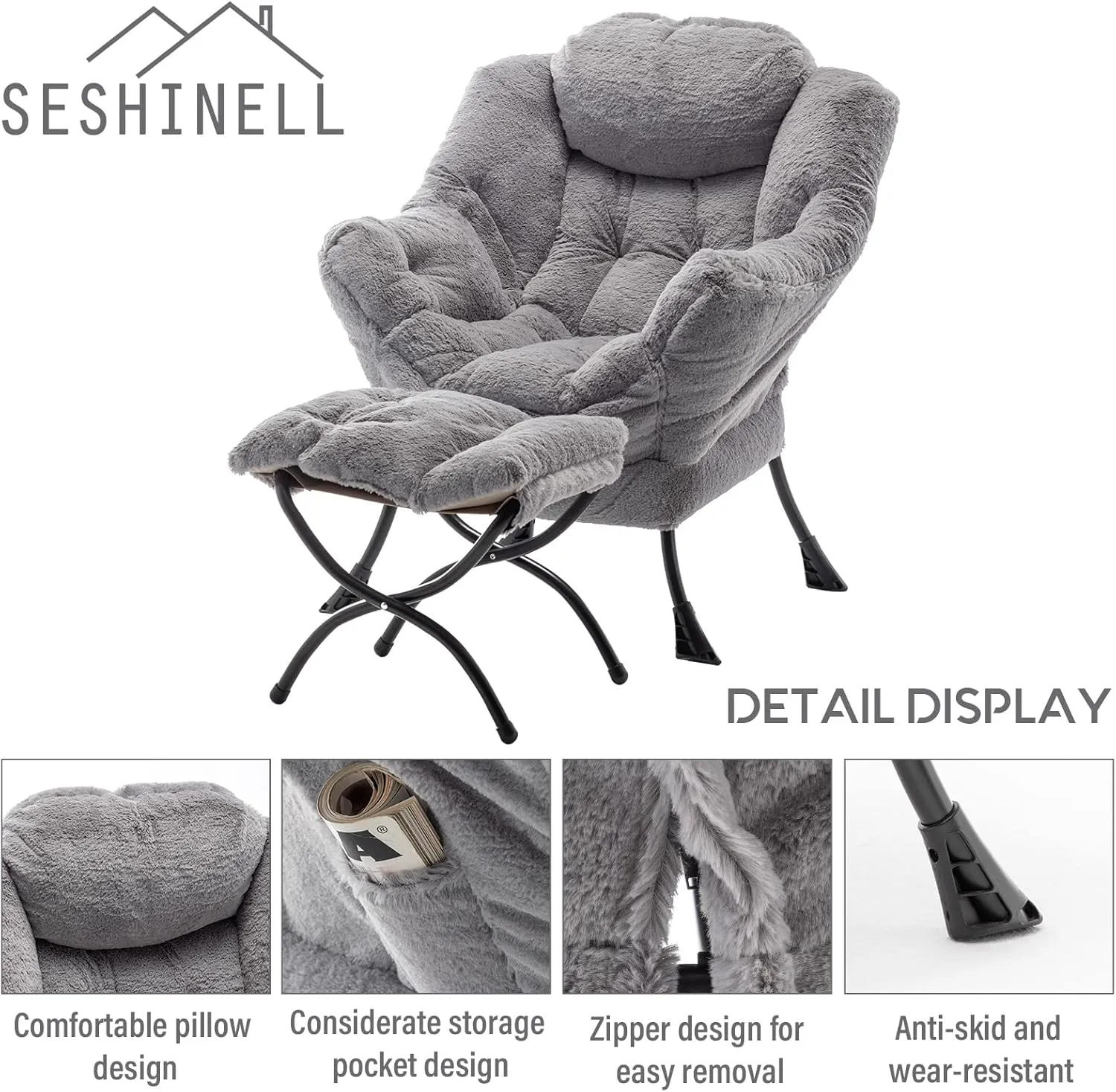 Lazy Chair with Ottoman, Modern Accent Lounge Leisure Sofa with Armrests, Reading Chair and Folding Footstool for Living Room, Bedroom, Office, Plush Grey