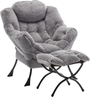 Lazy Chair with Ottoman, Modern Accent Lounge Leisure Sofa with Armrests, Reading Chair and Folding Footstool for Living Room, Bedroom, Office, Plush Grey