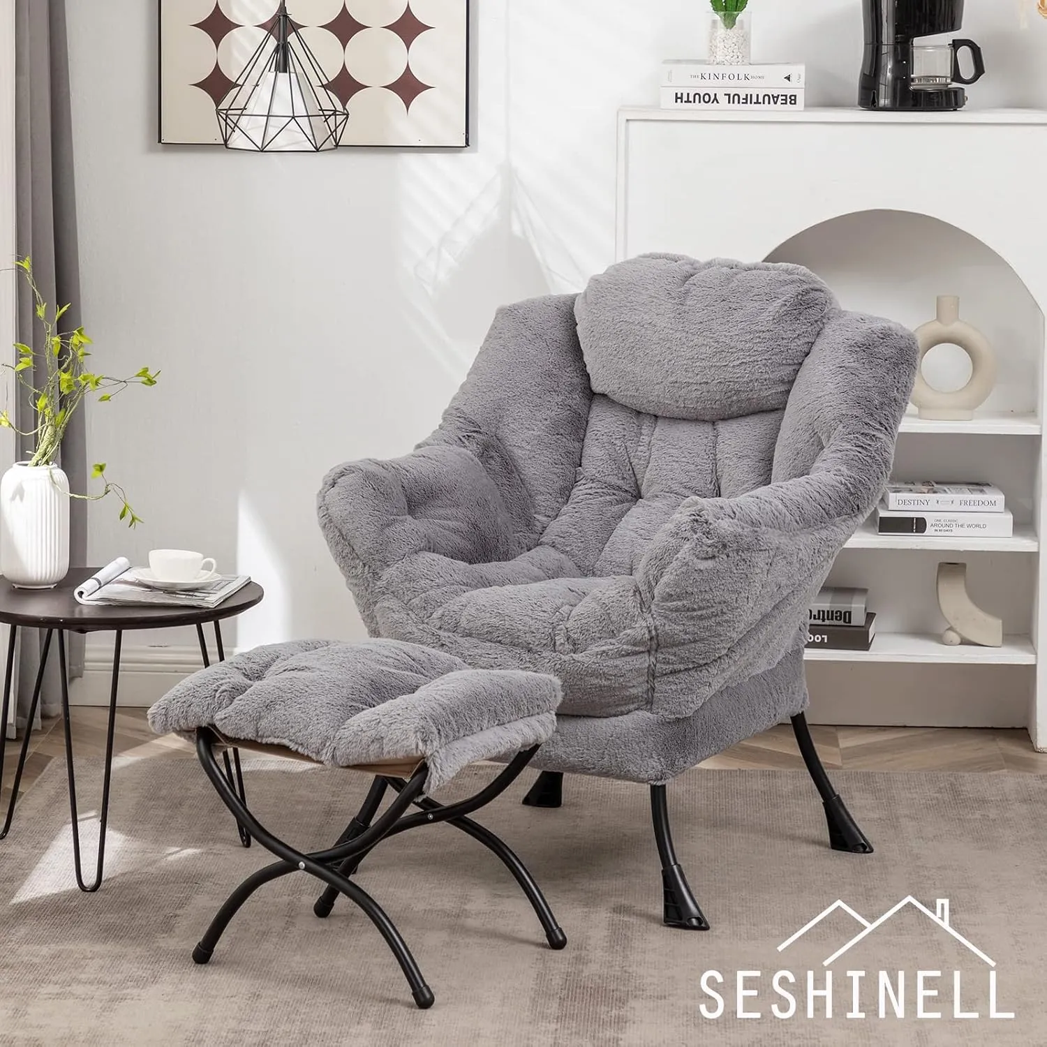 Lazy Chair with Ottoman, Modern Accent Lounge Leisure Sofa with Armrests, Reading Chair and Folding Footstool for Living Room, Bedroom, Office, Plush Grey